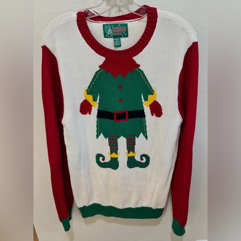 Ugly Christmas Sweater with Red and Green Elf Design size medium